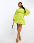 ASOS DESIGN Curve rouleaux loop tie waist mini dress with swirl embellishment in lime