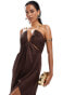 ASOS DESIGN draped satin wrap maxi dress with gold hardware and keyhole detail in chocolate Коричневый, 36 - фото #5