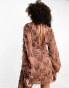 Фото #4 товара ASOS DESIGN fluffy v neck mini dress with tie waist and tie back detail in brown