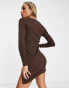 Threadbare Aria ribbed mini dress with side split in chocolate brown