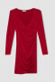 Фото #9 товара Wrap Yaka Kırmızı Uzun Kollu Mini Elbise