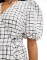 Monki wrap midi smock dress with tiered hem in white and black pane check