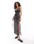 Фото #1 товара Miss Selfridge satin tie front lace trim maxi slip dress in bow print