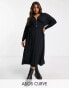 Фото #1 товара ASOS DESIGN Curve waisted long sleeve midi tea dress with buttons in black