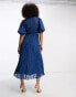 ASOS DESIGN high neck pleated chevron dobby midi dress with puff sleeve in navy