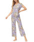 ფოტო #7 პროდუქტის Women's 2 Piece Printed Short Sleeve Henley Top with Wide Pants Pajama Set