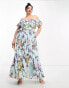 ASOS DESIGN Curve ruffle cut out off the shoulder maxi dress with hi low hem in blue floral print