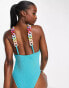 Фото #1 товара Love & Other Things ribbed swimsuit with chain strap detail in blue and pink