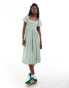 Daisy Street shirred bust midi smock dress in sage ditsy with rosette detail