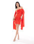 Фото #2 товара ASOS DESIGN satin cowl neck mini dress with exaggerated sleeve detail in red