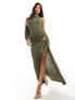 ASOS DESIGN one sleeve maxi dress with cutout and drawstring in khaki