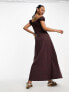 ASOS DESIGN cap sleeve ruched midi dress with tie detail in chocolate