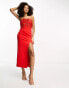 ASOS DESIGN bandeau textured rose high split midi dress in red Красный, 36 - фото #1