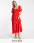 Фото #2 товара ASOS DESIGN Tall puff sleeve pleated dobby midi dress with scallop trim in red