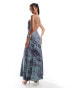 ASOS DESIGN mesh asymmetric one shoulder ruched maxi dress with side split in green & lilac print