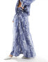 Vero Moda satin ruched front maxi skirt co-ord in blue crinkle print