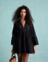 Фото #4 товара Miss Selfridge beach broderie lace insert fluted sleeve cover up mini dress in black