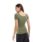 Pieces ribbed top with poppers in khaki green Зеленый, XL - EU 42 - фото #4