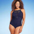 Women's UPF 50 Crochet High Neck One Piece Swimsuit - Aqua Green True Navy S