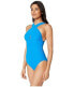 Фото #2 товара Michael Kors 168427 Womens Solid Ruched One-Piece Swimsuit Tile Blue Size 14