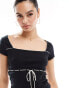 Фото #4 товара Miss Selfridge piqot trim square neck top with contrast tie in black