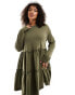 River Island plus long sleeved tiered smock dress in khaki Зеленый, 50 - фото #3