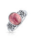 Flower Bezel Oval Gemstone Pink Rhodochrosite Boho Fashion Ring Band For Women For Teen .925 Sterling Silver