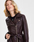 Women's Faux-Fur-Trim Faux-Leather Asymmetric Belted Moto Jacket