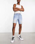 ASOS DESIGN tapered fit regular length denim shorts in light wash blue with rip - LBLUE