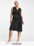 Never Fully Dressed Plus sleeveless satin wrap midi dress in black