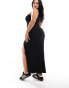 Dr Denim Plus Celia slim fit midi ribbed one shoulder dress with side split in black