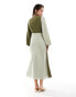 Pretty Lavish knot front contrast midi dress in olive and sage