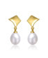 ფოტო #2 პროდუქტის Sterling Silver 14k Yellow Gold with White Freshwater Pearl Drop Geometric Shield Retro Dangle Earrings