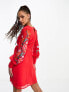 Фото #2 товара Hope & Ivy long sleeve embroidered wrap mini dress in red