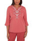 ფოტო #1 პროდუქტის Petite Floral-Embroidered Split-Neck Top