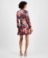 Petite Floral Button-Trim Belted Long-Sleeve Dress