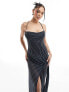 ASOS DESIGN sheer cowl neck maxi dress with high split in navy stripe