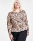 ფოტო #1 პროდუქტის Plus Size Animal-Print Long-Sleeve Crewneck Top, Created for Macy's