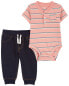 Фото #7 товара Baby 2-Piece Striped Henley Bodysuit Pant Set 6M