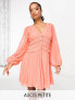 ASOS DESIGN Petite button through ruched waist pleated mini dress in metallic dobby in coral