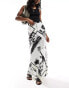 ASOS DESIGN satin bias tie waist maxi skirt in postcard print