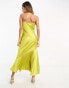 Never Fully Dressed asymmetric contrast satin slip dress in chartreuse