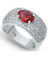 Cubic Zirconia Pavé Band Ring with Red CZ Oval Center Prong Stone in Silver Plate
