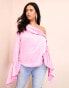 ASOS LUXE Curve off shoulder satin draped top with exaggerated sleeve in pink Розовый, 46 - фото #2