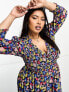 ASOS DESIGN Curve midi smock dress with shirred cuffs in black based multi floral print