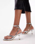 Фото #4 товара Topshop Wide Fit Nancy strappy toe post mid heeled sandal in silver croc