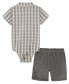 ფოტო #2 პროდუქტის Baby Boys Woven Check Short Sleeve Poplin Bodysuit and Chambray Shorts, 2 Piece Set