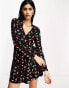 ASOS DESIGN long sleeve collared mini wrap dress in black ditsy print