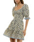 Juniors' Floral-Print Smocked Puffed-Sleeve Dress