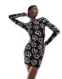 Фото #4 товара Monki long sleeve jersey scoop neck mini dress in scribble flower print